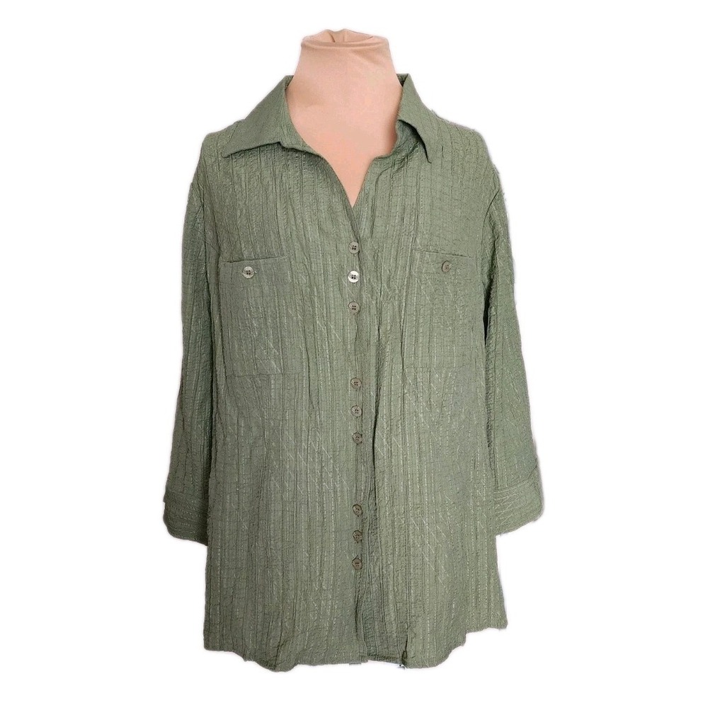 CJ‎ Banks Women's 1X Olive Green Seersucker Button-up Blouse